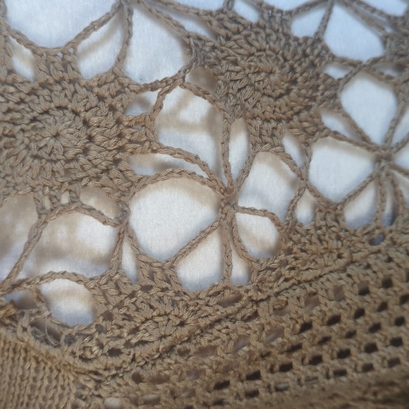 Tan Crochet Back Pointelle Cream Bohemian Festival Hippie Open Cardigan Sz XL - Picture 4 of 11